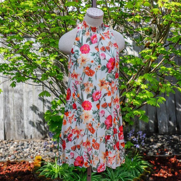 Floral high Neck Mini Dress - Picture 1 of 9